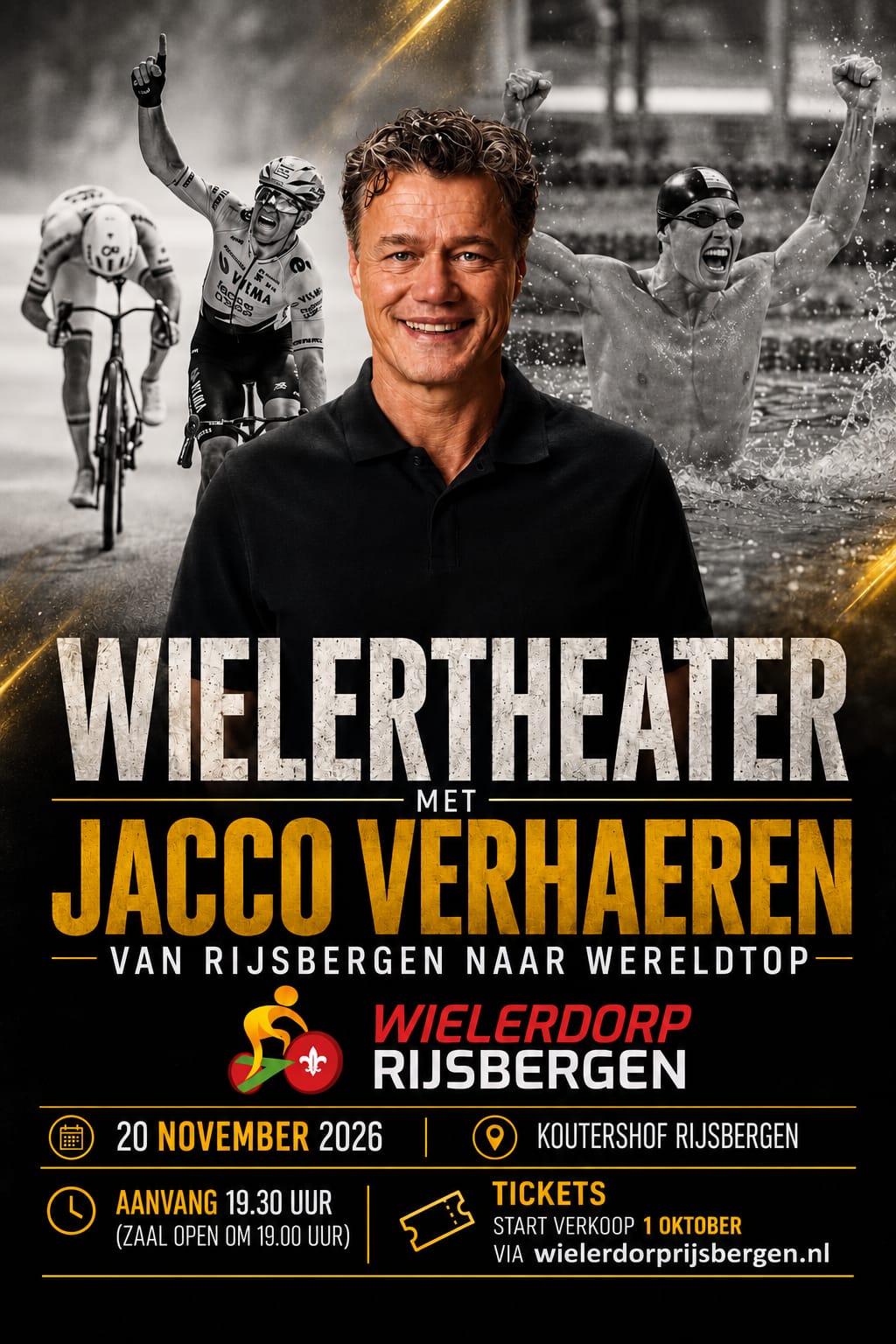 Flyer Wielertheater met Jacco Verhaeren, vrijdag 20 november 2026, Koutershof Rijsbergen